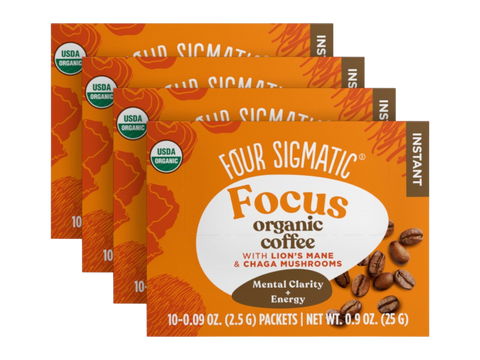 Four Sigmatic Organic Instant Coffee 10 packets, 4 boxes front packaging on white background