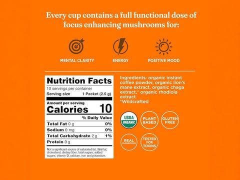 Four Sigmatic instant coffee ingredients and product information panel on packaging