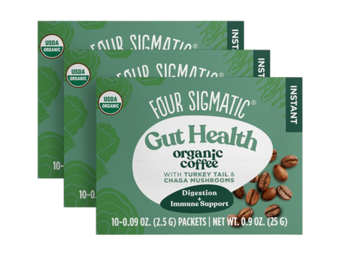 Four Sigmatic Organic Instant Coffee Blend 10 packets, 3 boxes front packaging on white background