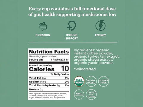 Four Sigmatic instant coffee blend ingredients and product information panel on packaging