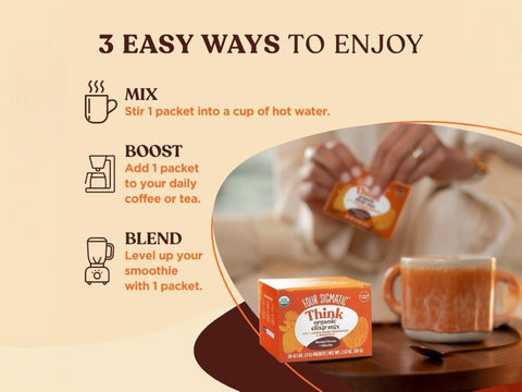 How to use: Four Sigmatic Lion’s Mane elixir preparation instructions sachet display in 3 ways.