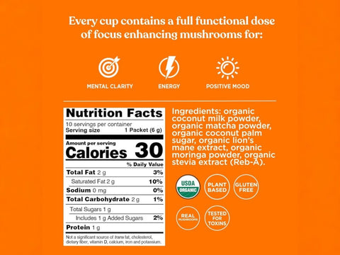 Nutrition facts, ingredients and preparation for Four Sigmatic Matcha Latte Mix.