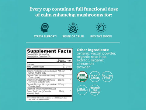 Four Sigmatic multi mushroom and herb powder ingredients and nutritional information panel on packaging