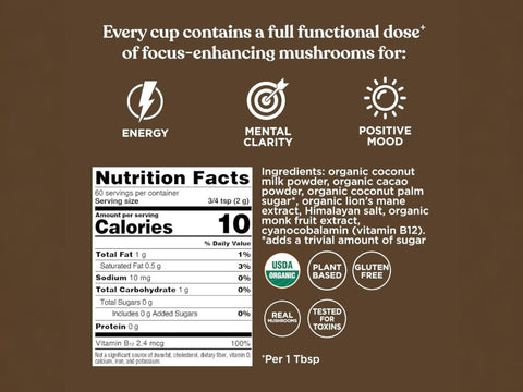 Four Sigmatic chocolate creamer showing nutrition facts, ingredients.