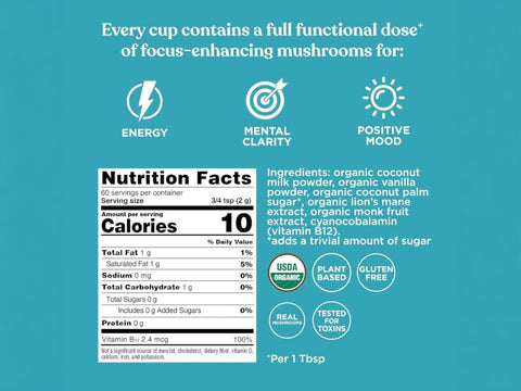 Four Sigmatic creamer showing nutrition facts, ingredients and use.