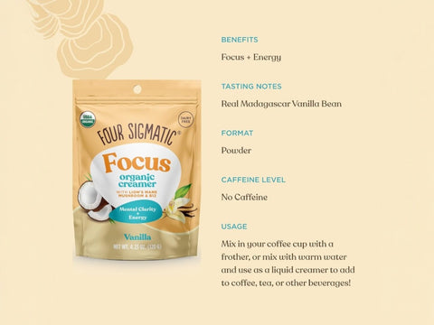 Four Sigmatic vanilla creamer showing nutrition facts, benefits and usage.