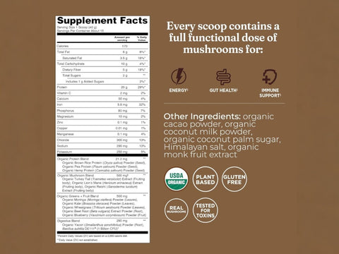 Ingredients and nutritional panel for Four Sigmatic Chocolate Protein Powder.