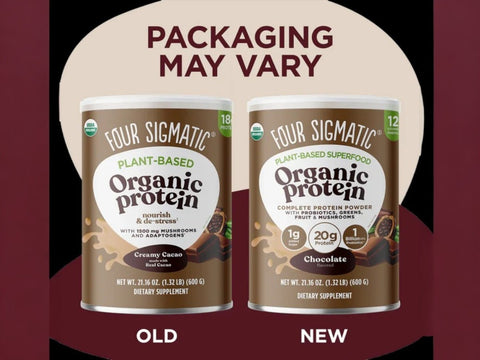 Four Sigmatic Organic Plant-Based Protein Powder, Chocolate - 600g. Old & new packaging.