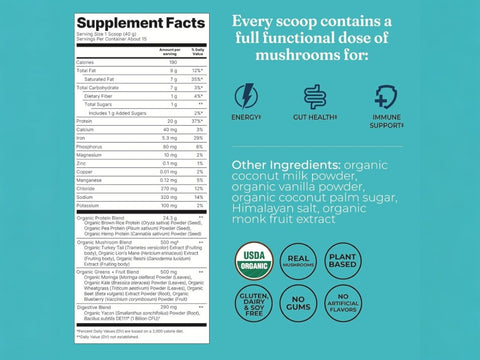 Nutritional information and ingredients for Four Sigmatic Vanilla Protein.