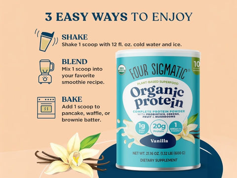 How to Use: Four Sigmatic Vanilla protein powder being blended into a smoothie.