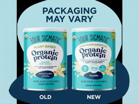 Four Sigmatic Organic Plant-Based Protein Powder, Vanilla - 600g. Old & new packaging.