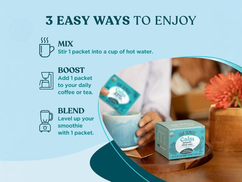 How to use: Four Sigmatic Reishi elixir preparation instructions sachet display in 3 ways.