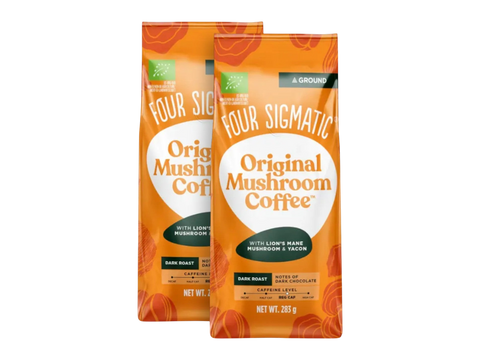 Four Sigmatic Original Mushroom Ground Coffee Dark Roast 283g, 2 pouches front packaging on white background