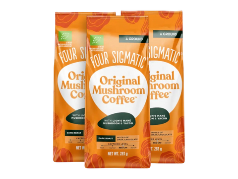 Four Sigmatic Original Mushroom Ground Coffee Dark Roast 283g, 3 pouches front packaging on white background