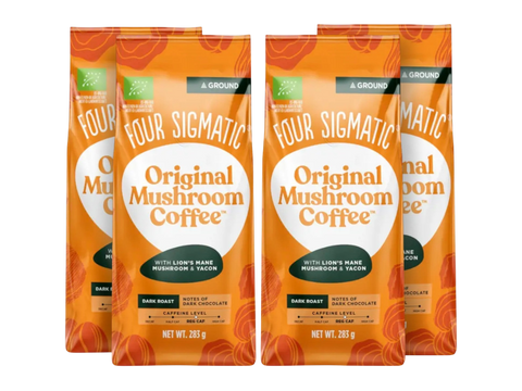 Four Sigmatic Original Mushroom Ground Coffee Dark Roast 283g, 4 pouches front packaging on white background