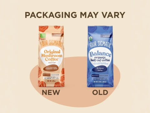 Four Sigmatic Original Mushroom Half Caf Ground Coffee - 283g. Packaging may vary.