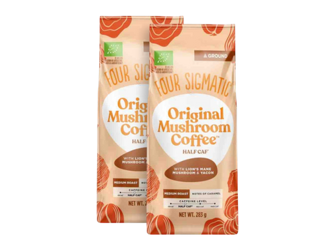 Four Sigmatic Original Mushroom Half Caf Ground Coffee 283g, 2 pouches front packaging on white background