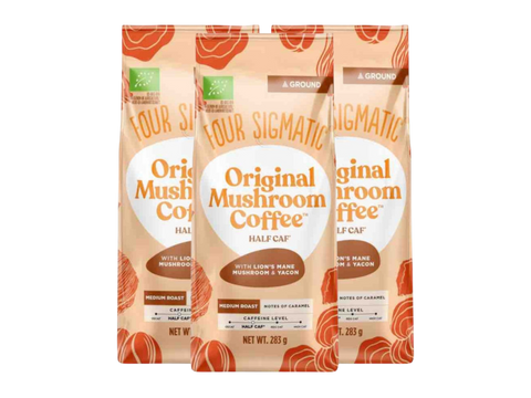 Four Sigmatic Original Mushroom Half Caf Ground Coffee 283g, 2 pouches front packaging on white background