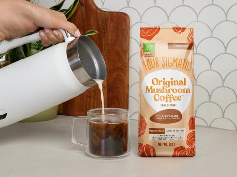 How to use
Four Sigmatic half caf ground coffee brewing instructions on white background