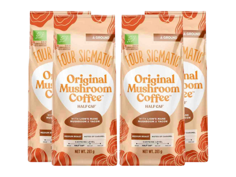 Four Sigmatic Original Mushroom Half Caf Ground Coffee 283g, 2 pouches front packaging on white background