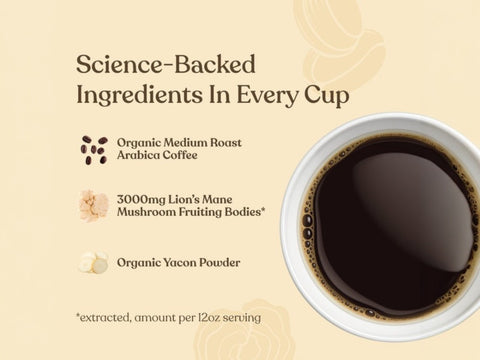 Four Sigmatic half caf ground coffee ingredients and product information panel on packaging
