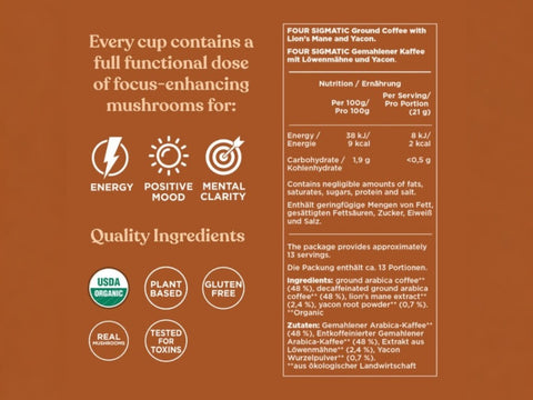 Four Sigmatic half caf ground coffee ingredients and product information panel on packaging