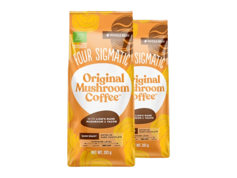 Four Sigmatic organic dark roast mushroom coffee whole beans 283g, 2 packs front packaging