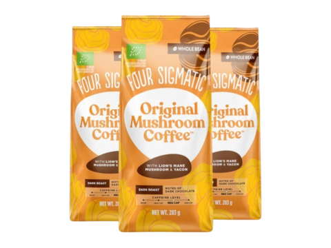 Four Sigmatic organic dark roast mushroom coffee whole beans 283g, 3 packs front packaging