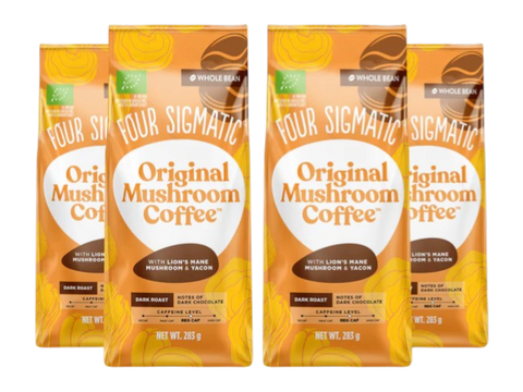 Four Sigmatic organic dark roast mushroom coffee whole beans 283g, 4 packs front packaging