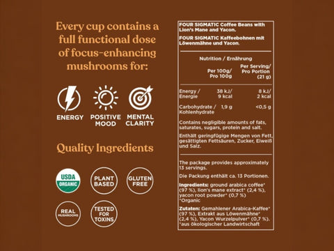 Four Sigmatic mushroom coffee whole beans ingredients and details 283g