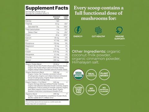 Four Sigmatic unflavored protein powder ingredients and product information panel on packaging