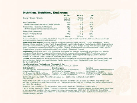 Four Sigmatic vanilla protein powder ingredients and product information panel on packaging