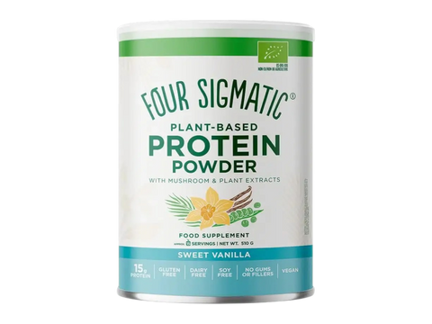 Four Sigmatic plant-based protein powder can on a white background