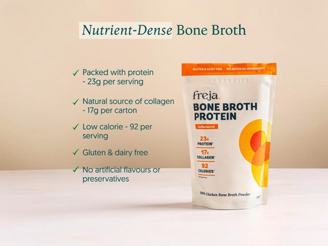 Freja Bone Broth Protein package with nutritional information on a beige background