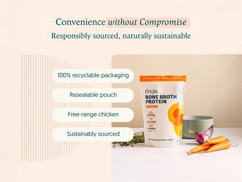Freja Bone Broth Protein packaging with sustainability features on a light background