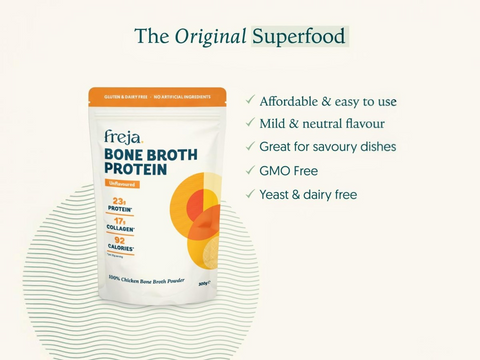 Freja Bone Broth Protein package with features listed on a white background