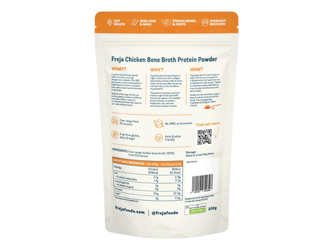 Freja Chicken Bone Broth Protein Powder packaging with nutritional information on a white background