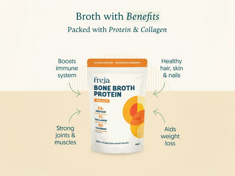 Freia Bone Broth Protein package with health benefits text on a beige background