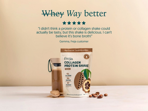 Collagen protein shake package with a glass of shake on a beige background