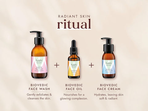 Fushi BioVedic Radiance Face Oil 30 ml front view bottle packaging and radiant skin ritual