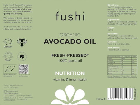 Fushi Organic Avocado Oil 100 ml back label showing directions ingredients and barcode