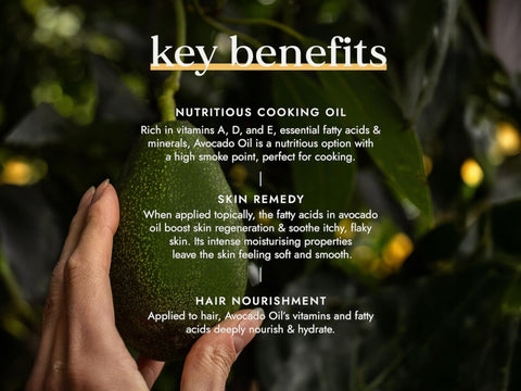 Fushi Organic Avocado Oil 100 ml key benefits graphic highlighting cold pressed nourishing oil for skin hair and nutrition