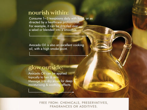 Fushi Organic Avocado Oil 100 ml oil being applied to skin hair or used in nutrition