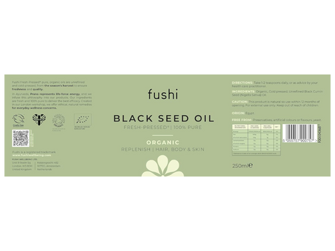 Fushi Organic Black Seed Oil 100 ml back label showing directions ingredients and barcode