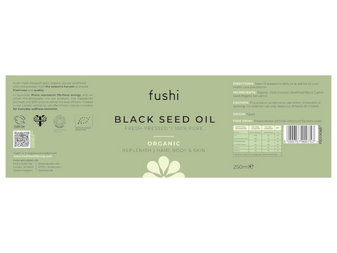 Fushi Organic Black Seed Oil 250 ml back label showing directions ingredients and barcode