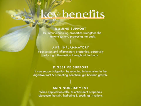 Fushi Organic Black Seed Oil 250 ml key benefits graphic highlighting care for hair body and skin