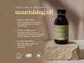 Fushi Organic Black Seed Oil 250 ml bottle on brown background with label close up