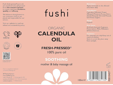 Fushi Organic Calendula Oil 100 ml back label showing directions ingredients and barcode