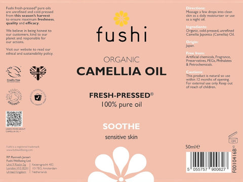 Fushi Organic Camellia Oil 100 ml back label showing directions ingredients and barcode