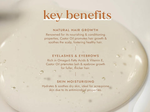 Fushi Organic Castor Oil 30 ml key benefits graphic highlighting nourishing care for hair skin and lashes